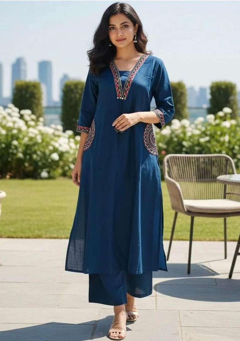 Blue Floral Print Cotton Kurta Set - Indya