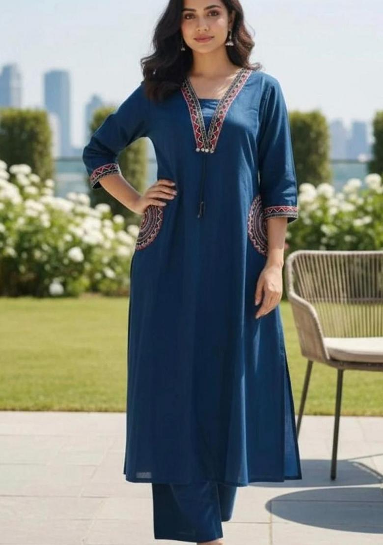 Blue Floral Print Cotton Kurta Set - Indya