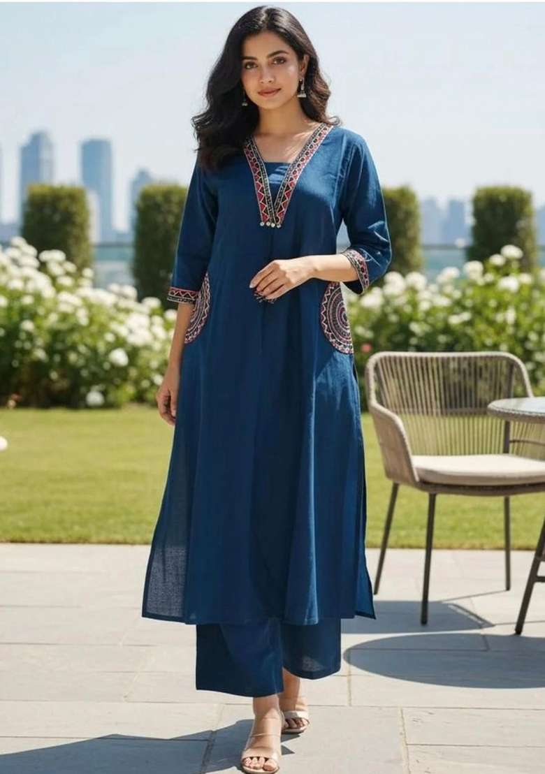 Blue Floral Print Cotton Kurta Set - Indya