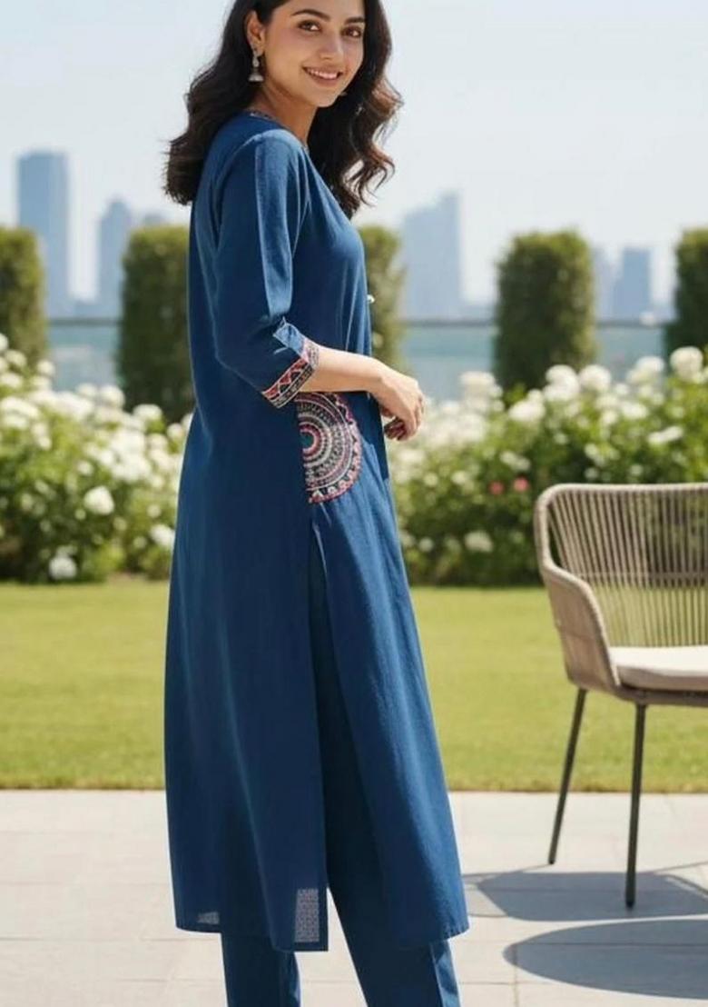 Blue Floral Print Cotton Kurta Set - Indya