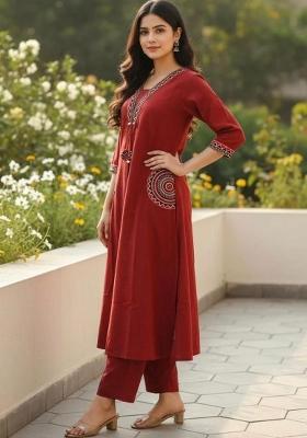 Brown Floral Print Cotton Kurta Set