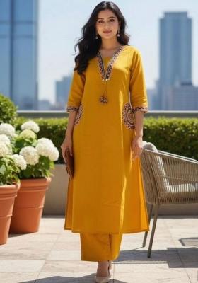 Yellow Floral Print Cotton Kurta Set