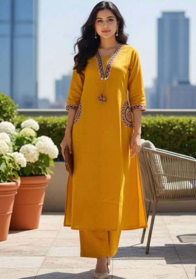 Yellow Floral Print Cotton Kurta Set - Indya
