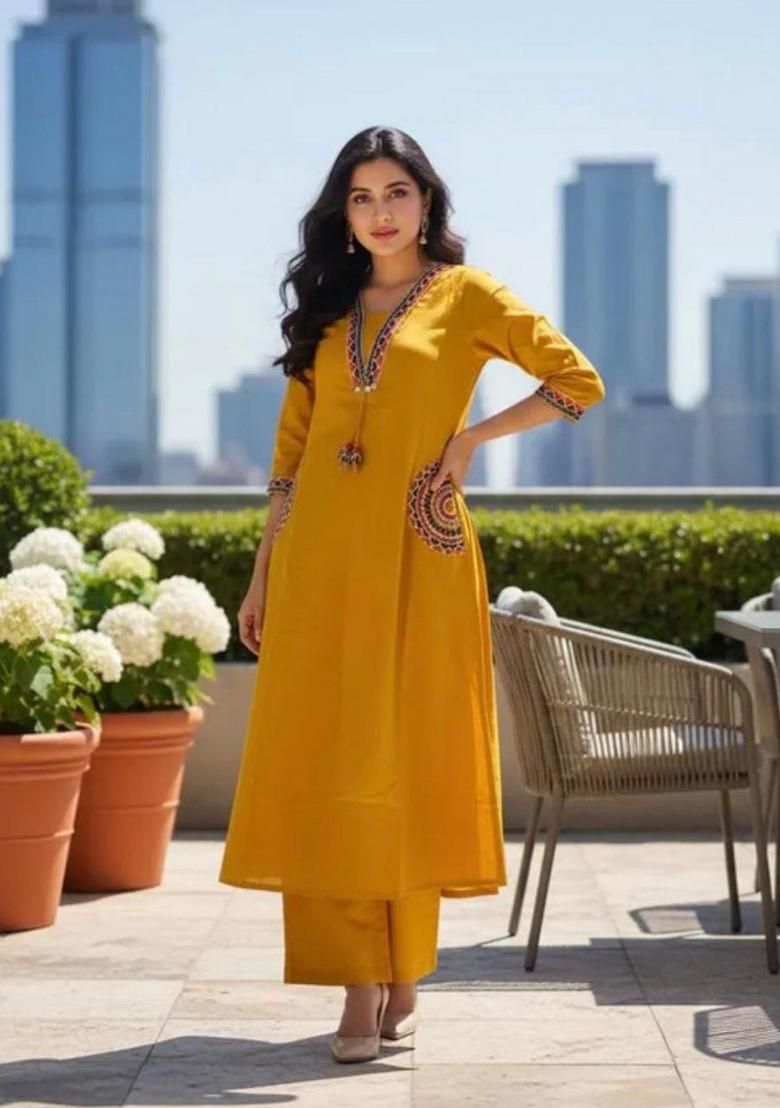 Yellow Floral Print Cotton Kurta Set - Indya
