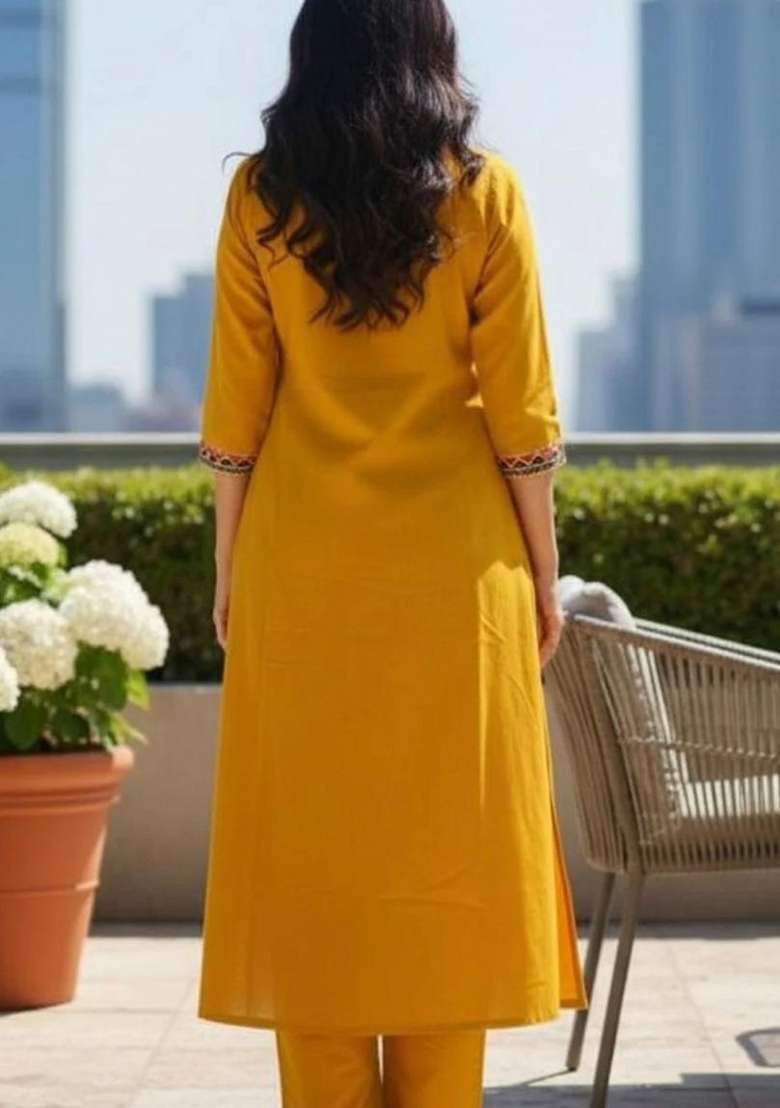 Yellow Floral Print Cotton Kurta Set - Indya