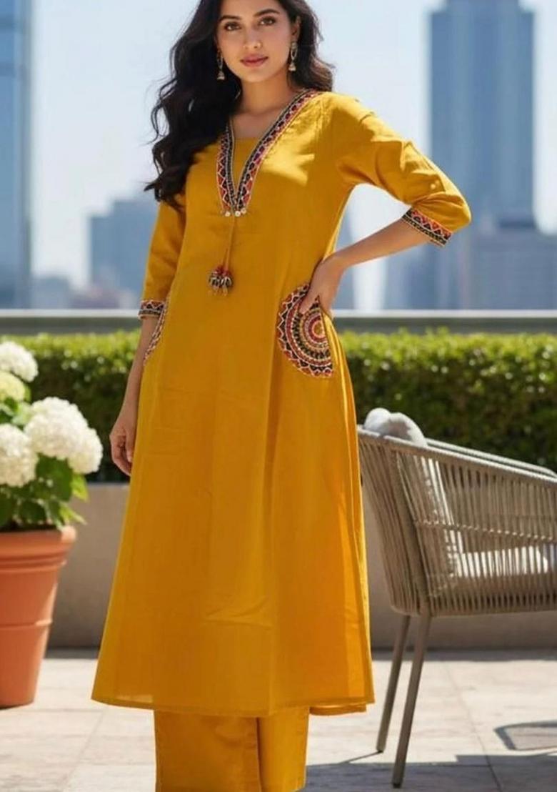 Yellow Floral Print Cotton Kurta Set - Indya
