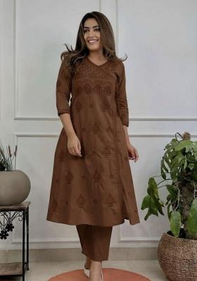 Brown Chikankari Cotton Kurta Set