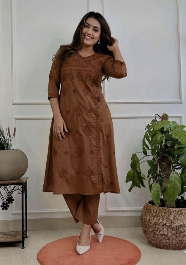 Brown Chikankari Cotton Kurta Set - Indya