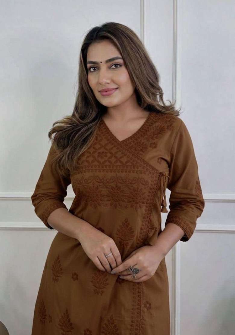 Brown Chikankari Cotton Kurta Set - Indya