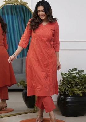 Rust Chikankari Cotton Kurta Set