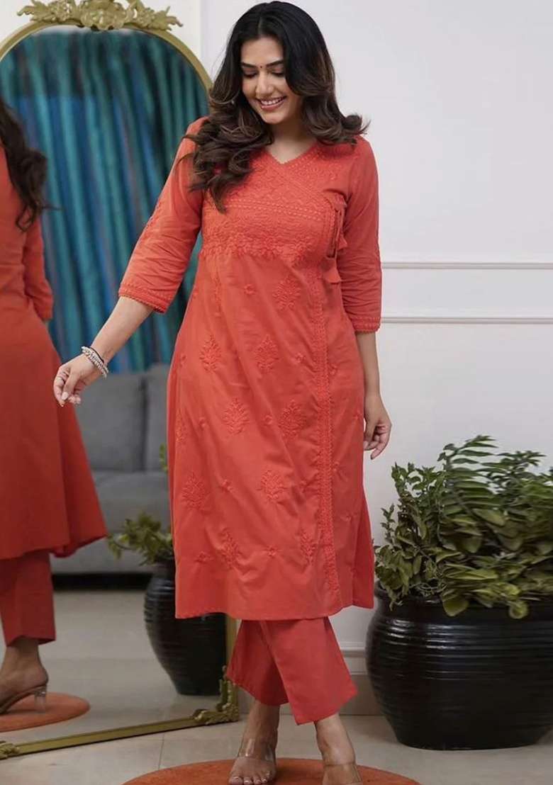 Rust Chikankari Cotton Kurta Set - Indya