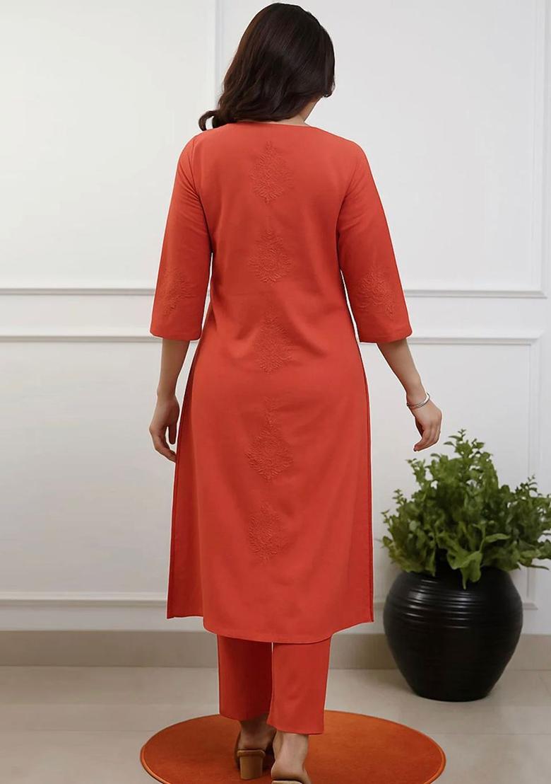 Rust Chikankari Cotton Kurta Set - Indya