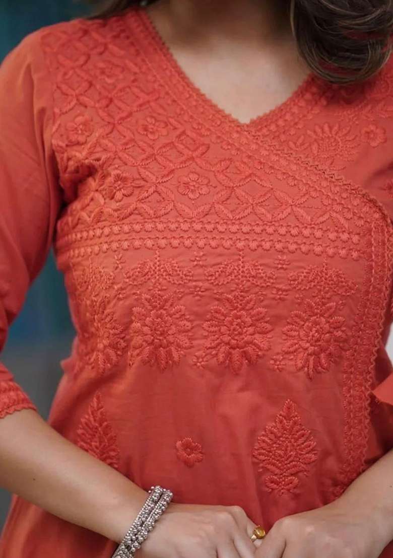 Rust Chikankari Cotton Kurta Set - Indya