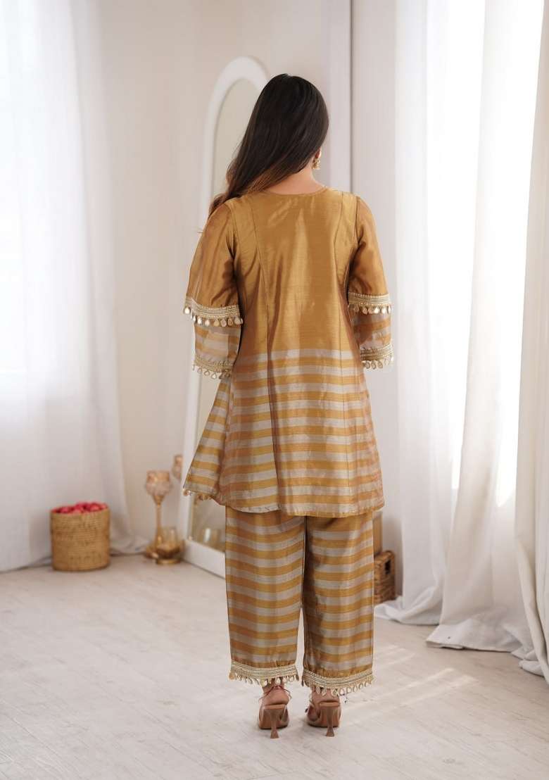 Golden Embroidered Tissue Kurta Set - Indya