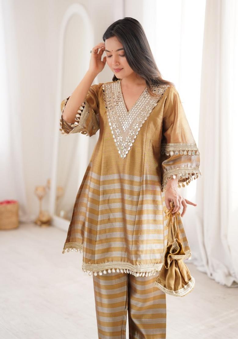 Golden Embroidered Tissue Kurta Set - Indya