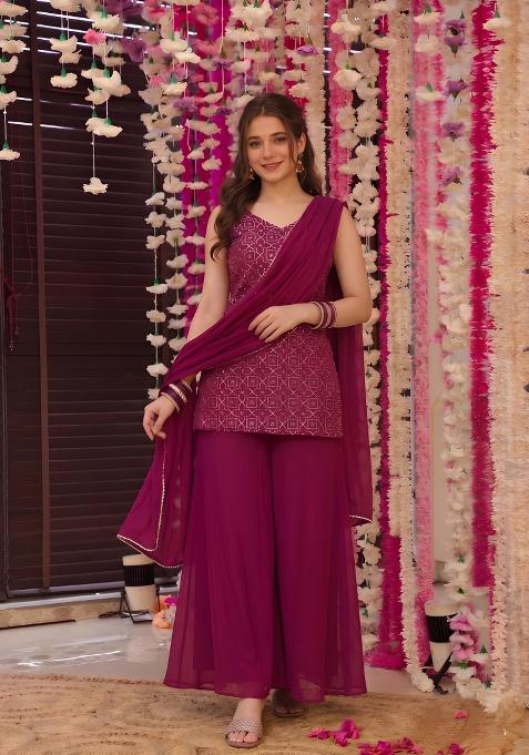 Wine Foil Work Georgette Palazzo Set