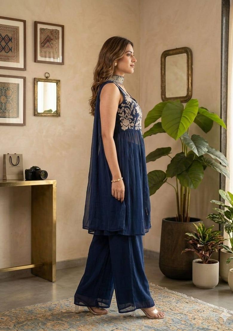 Navy Blue Embroidered Rangoli Palazzo Set - Indya