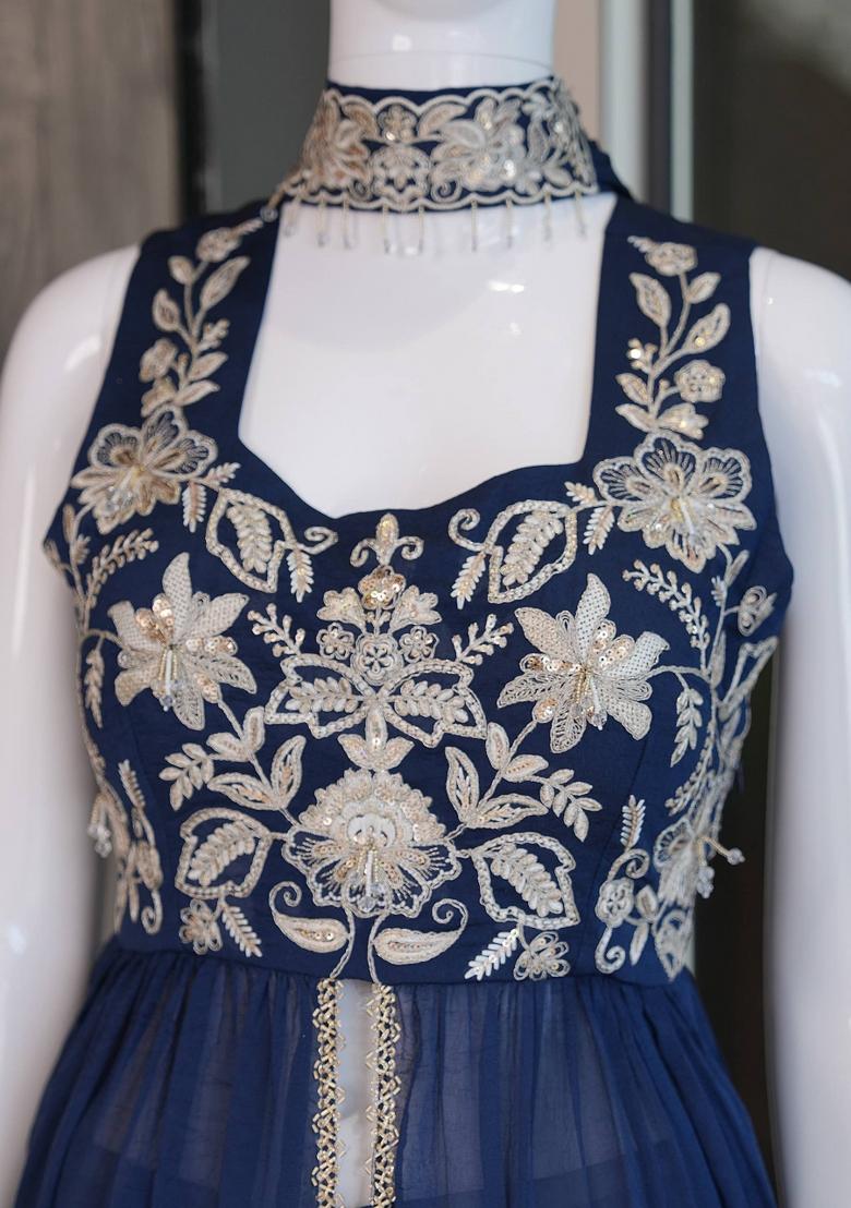 Navy Blue Embroidered Rangoli Palazzo Set - Indya