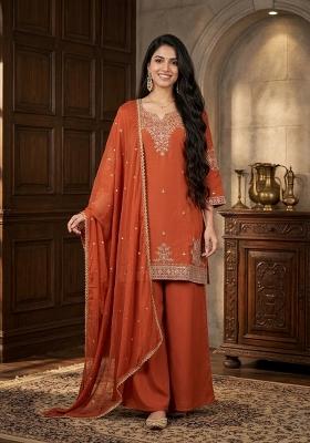 Orange Embroidered Silk Palazzo Set