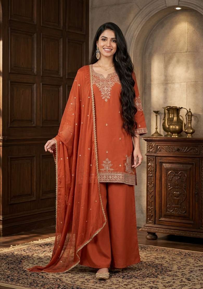 Orange Embroidered Silk Palazzo Set - Indya