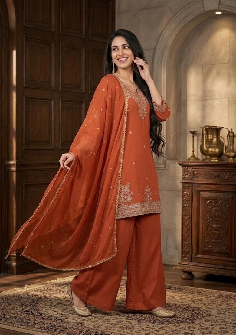 Orange Embroidered Silk Palazzo Set - Indya