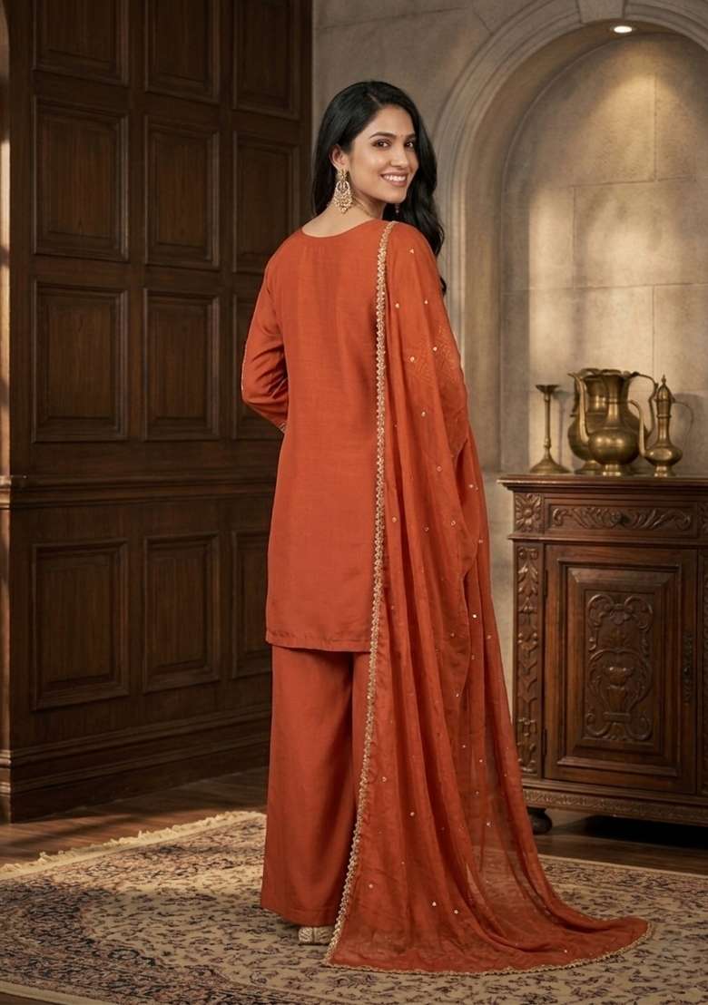 Orange Embroidered Silk Palazzo Set - Indya