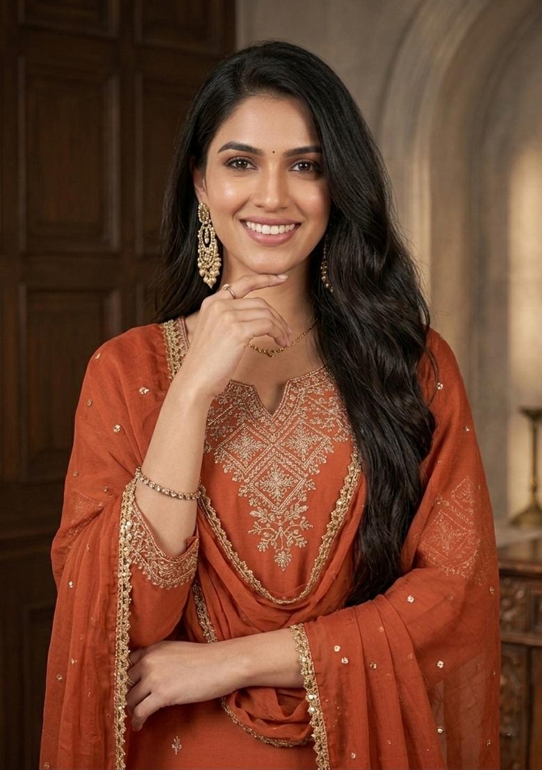 Orange Embroidered Silk Palazzo Set - Indya
