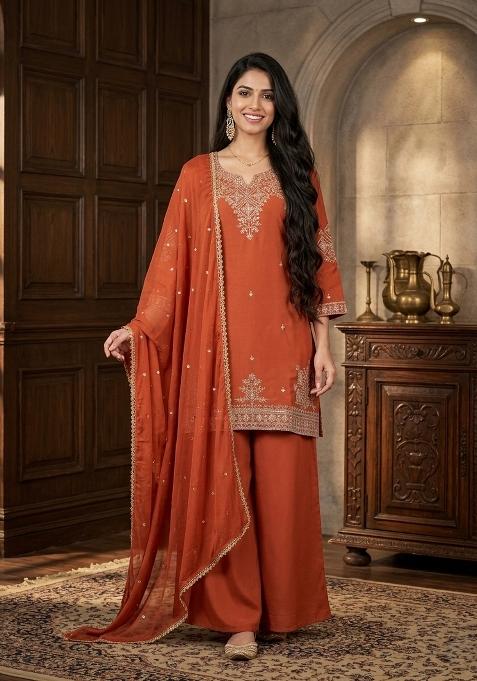 Orange Embroidered Silk Palazzo Set