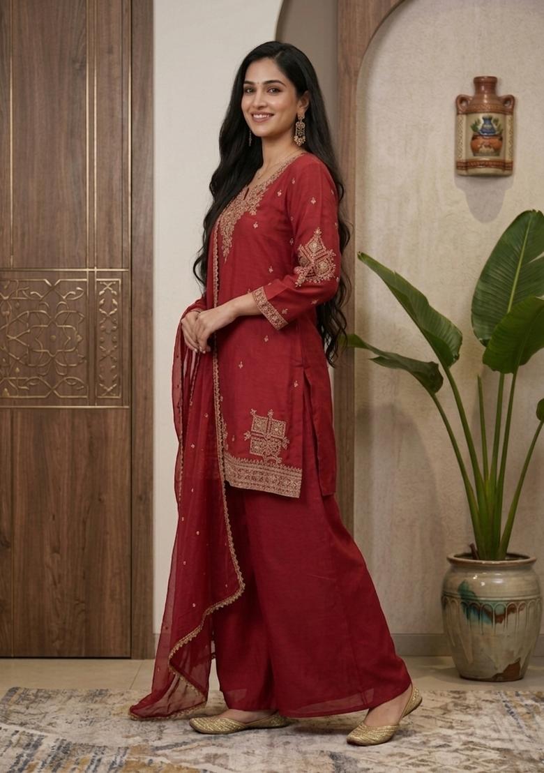 Pink Embroidered Silk Palazzo Set - Indya