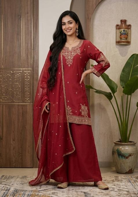 Pink Embroidered Silk Palazzo Set