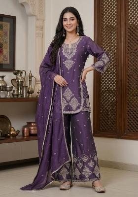 Purple Embroidered Rangoli Palazzo Set