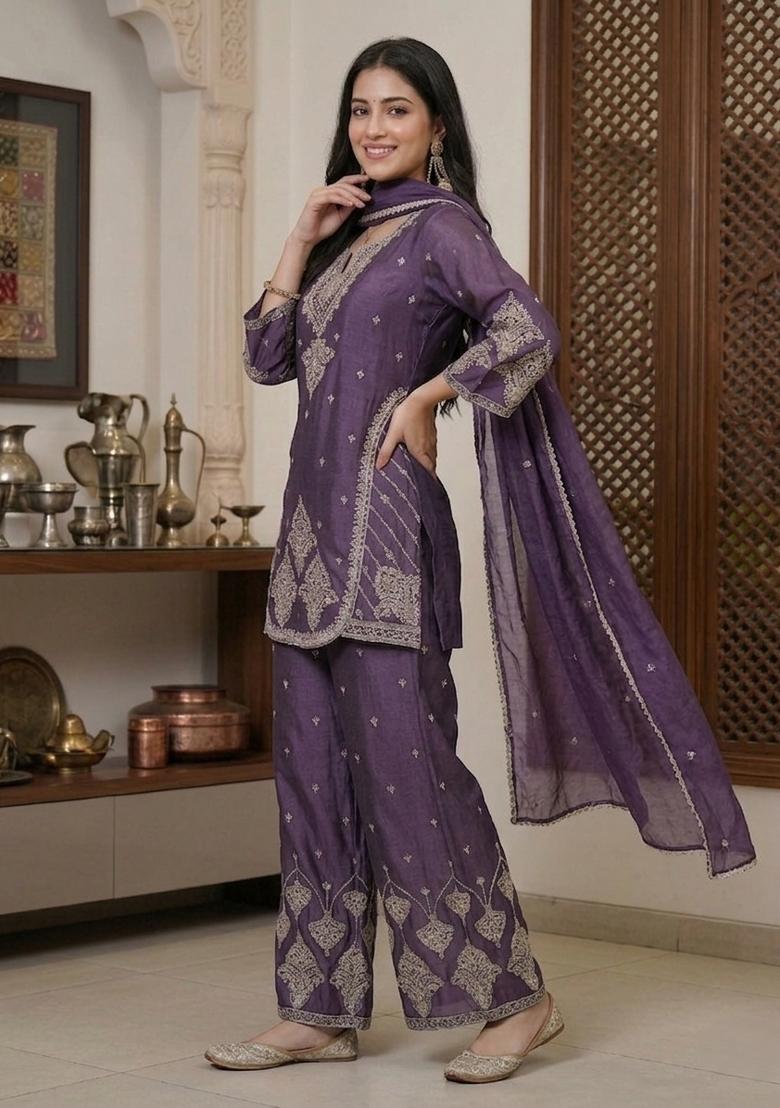 Purple Embroidered Rangoli Palazzo Set - Indya