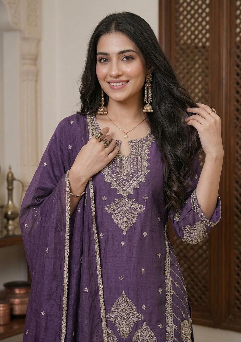 Purple Embroidered Rangoli Palazzo Set - Indya