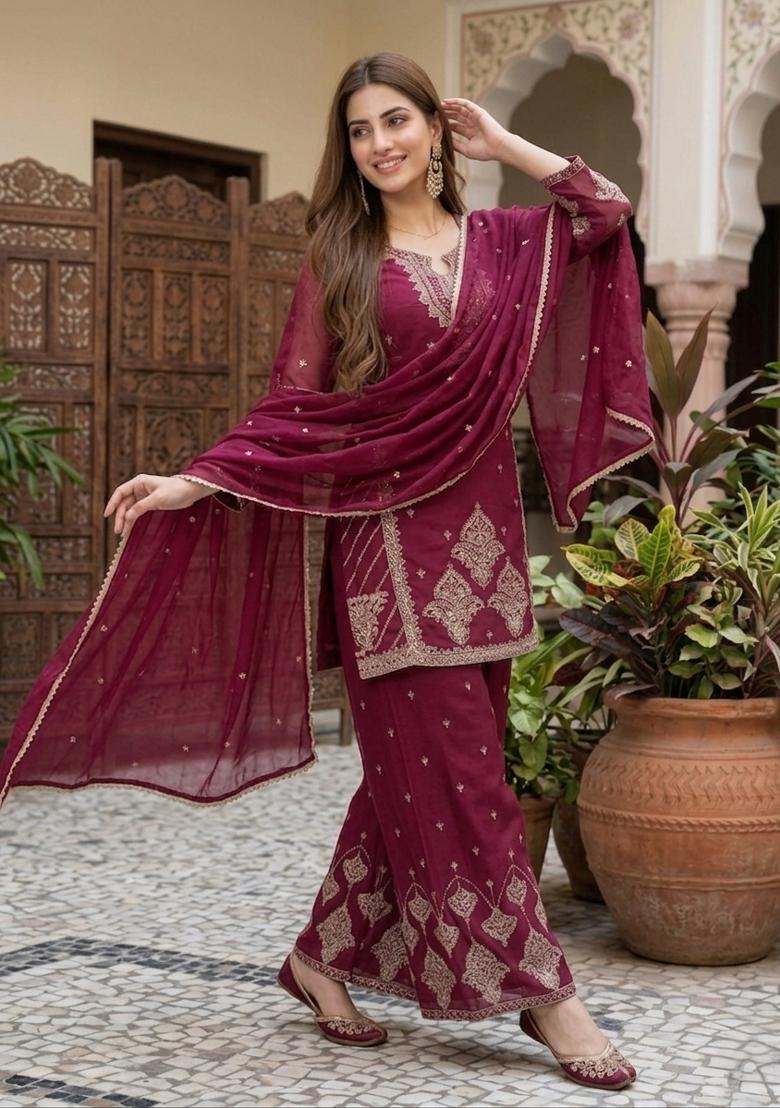 Pink Embroidered Rangoli Palazzo Set - Indya