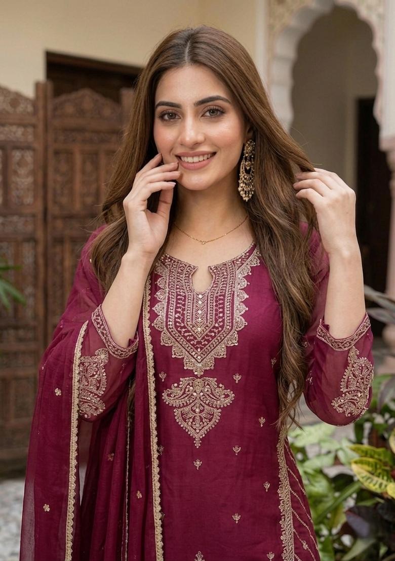 Pink Embroidered Rangoli Palazzo Set - Indya