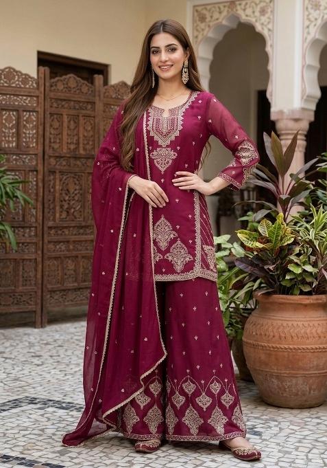 Pink Embroidered Rangoli Palazzo Set