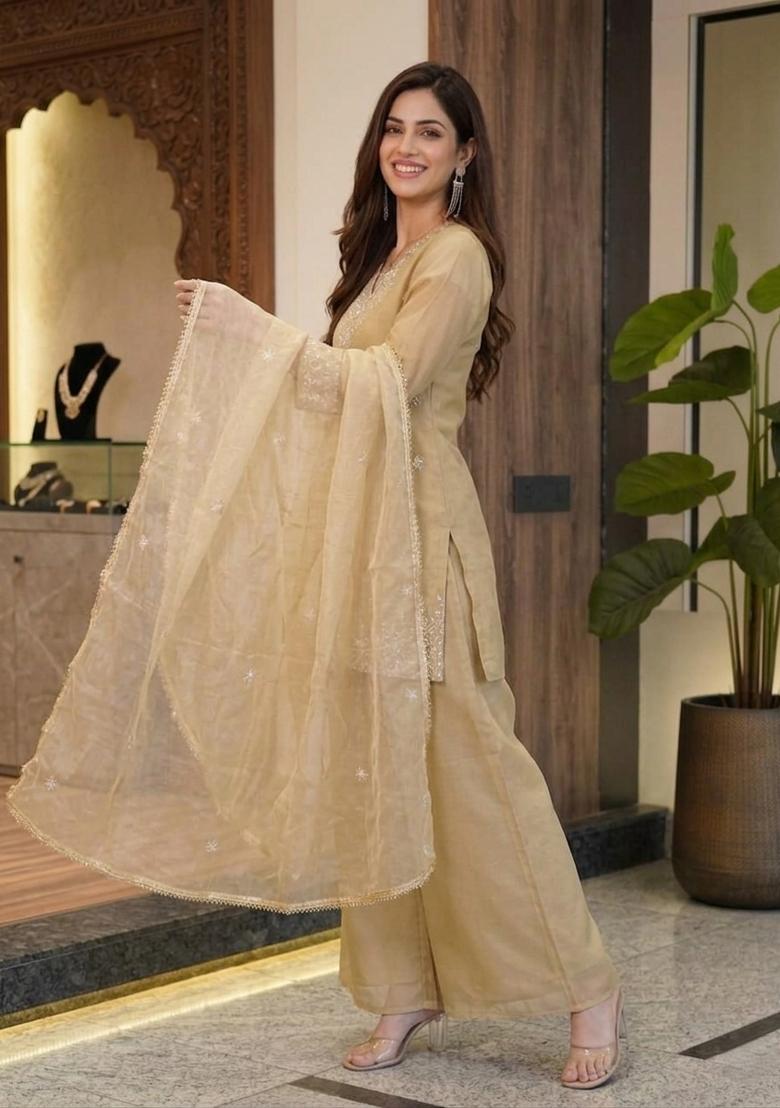 Cream Embroidered Cosmos Palazzo Set - Indya