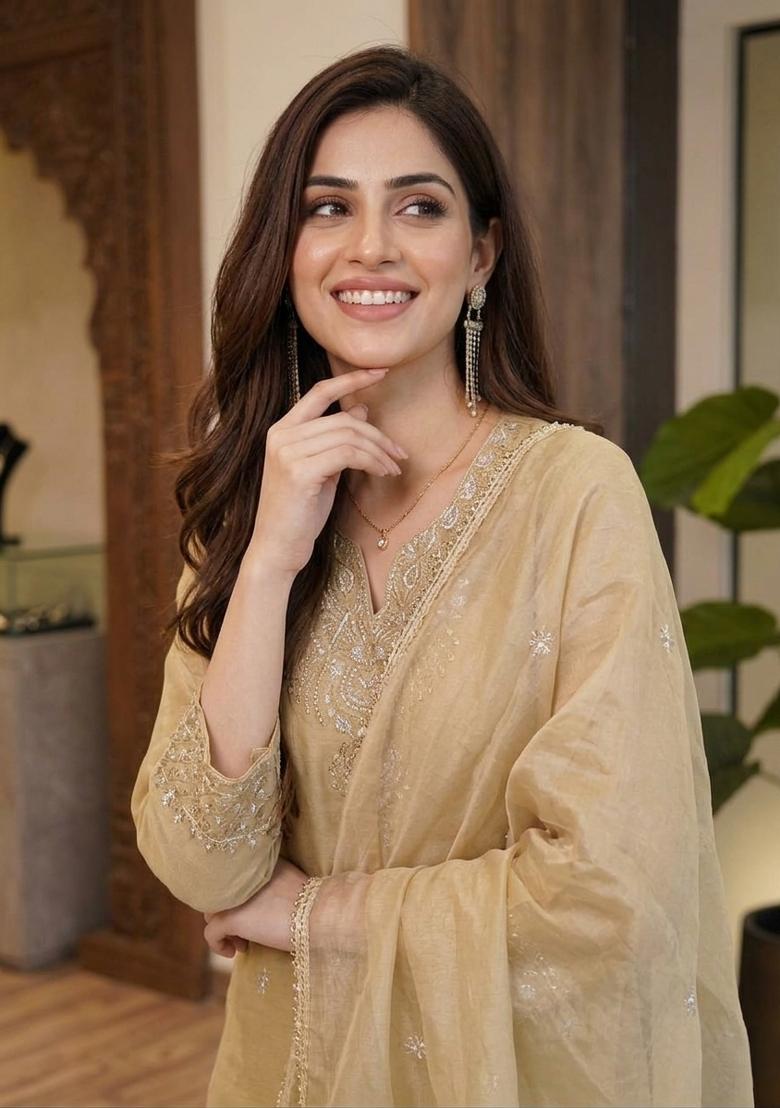 Cream Embroidered Cosmos Palazzo Set - Indya