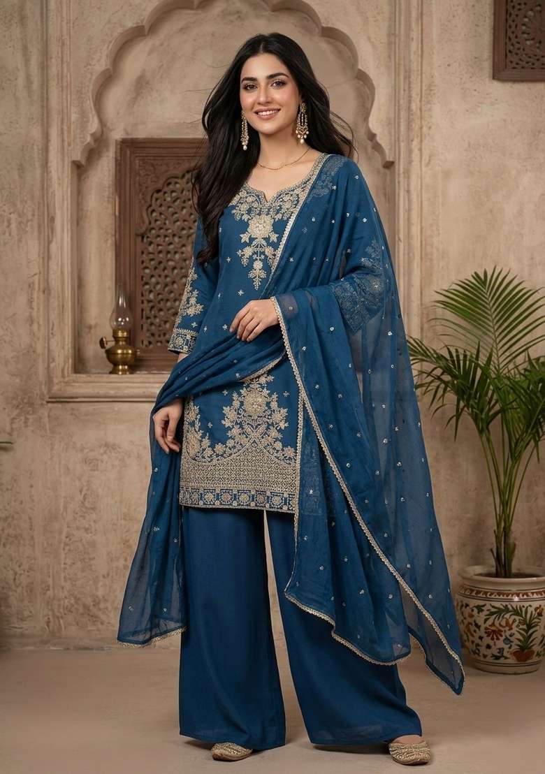 Teal Blue Embroidered Silk Palazzo Set - Indya