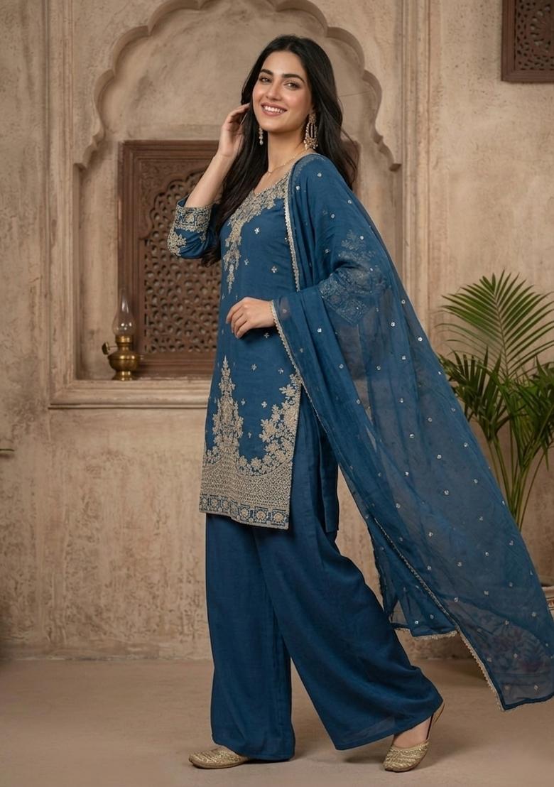Teal Blue Embroidered Silk Palazzo Set - Indya