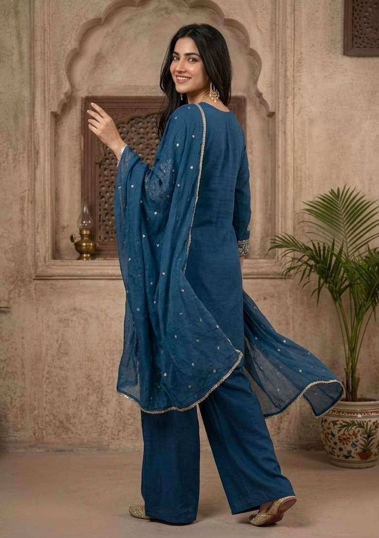 Teal Blue Embroidered Silk Palazzo Set - Indya