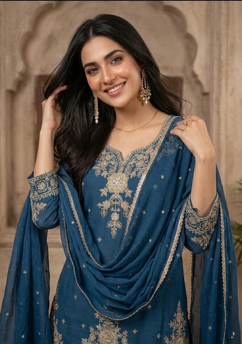 Teal Blue Embroidered Silk Palazzo Set - Indya