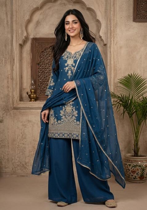 Teal Blue Embroidered Silk Palazzo Set
