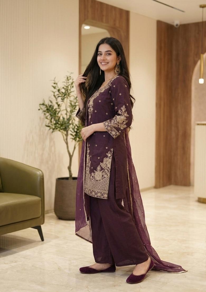 Wine Embroidered Silk Palazzo Set - Indya