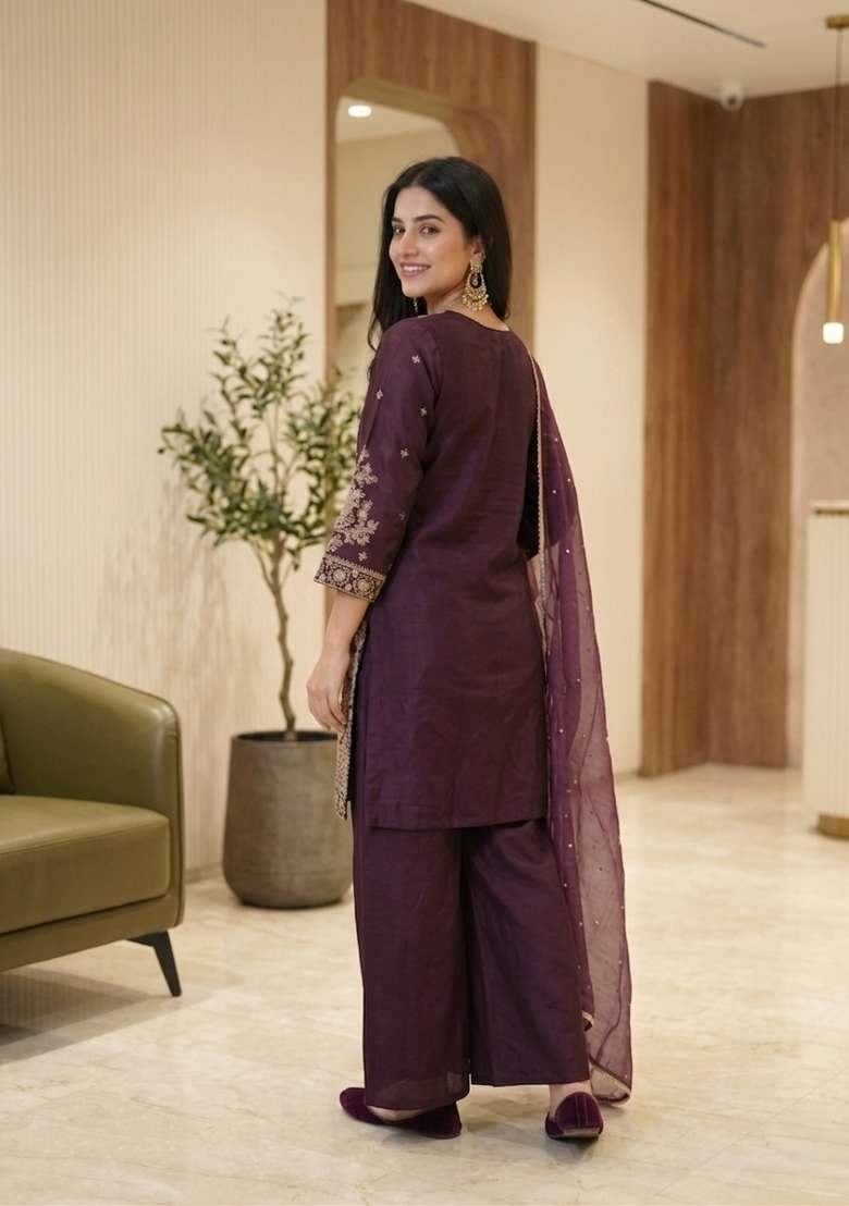 Wine Embroidered Silk Palazzo Set - Indya