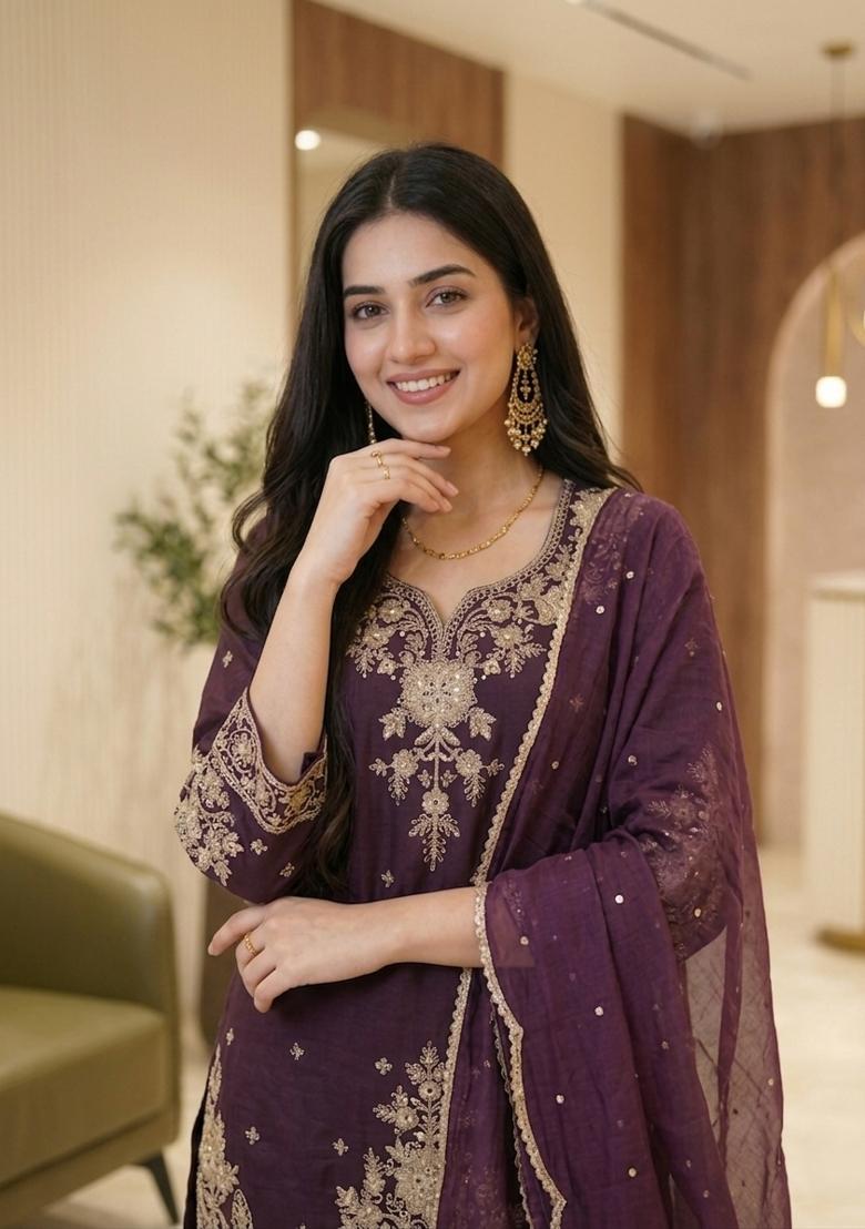 Wine Embroidered Silk Palazzo Set - Indya