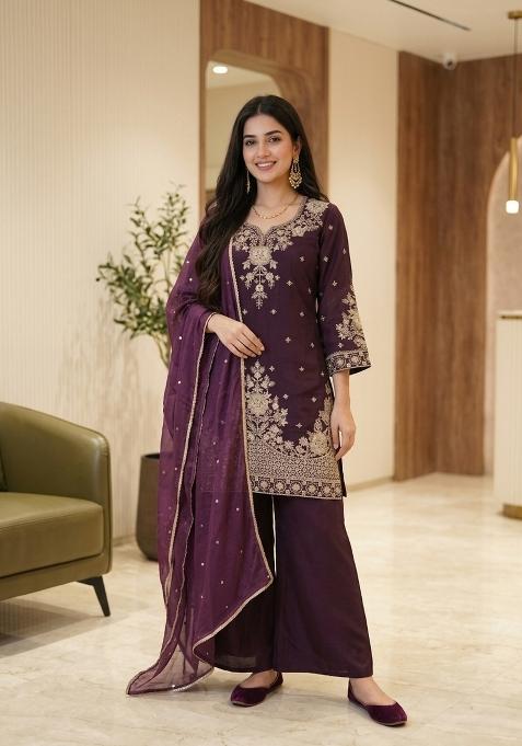 Wine Embroidered Silk Palazzo Set
