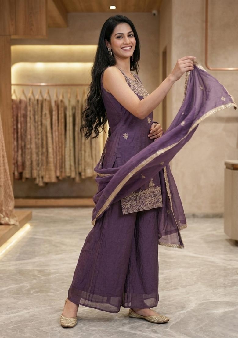Lavender Embroidered Rangoli Palazzo Set - Indya