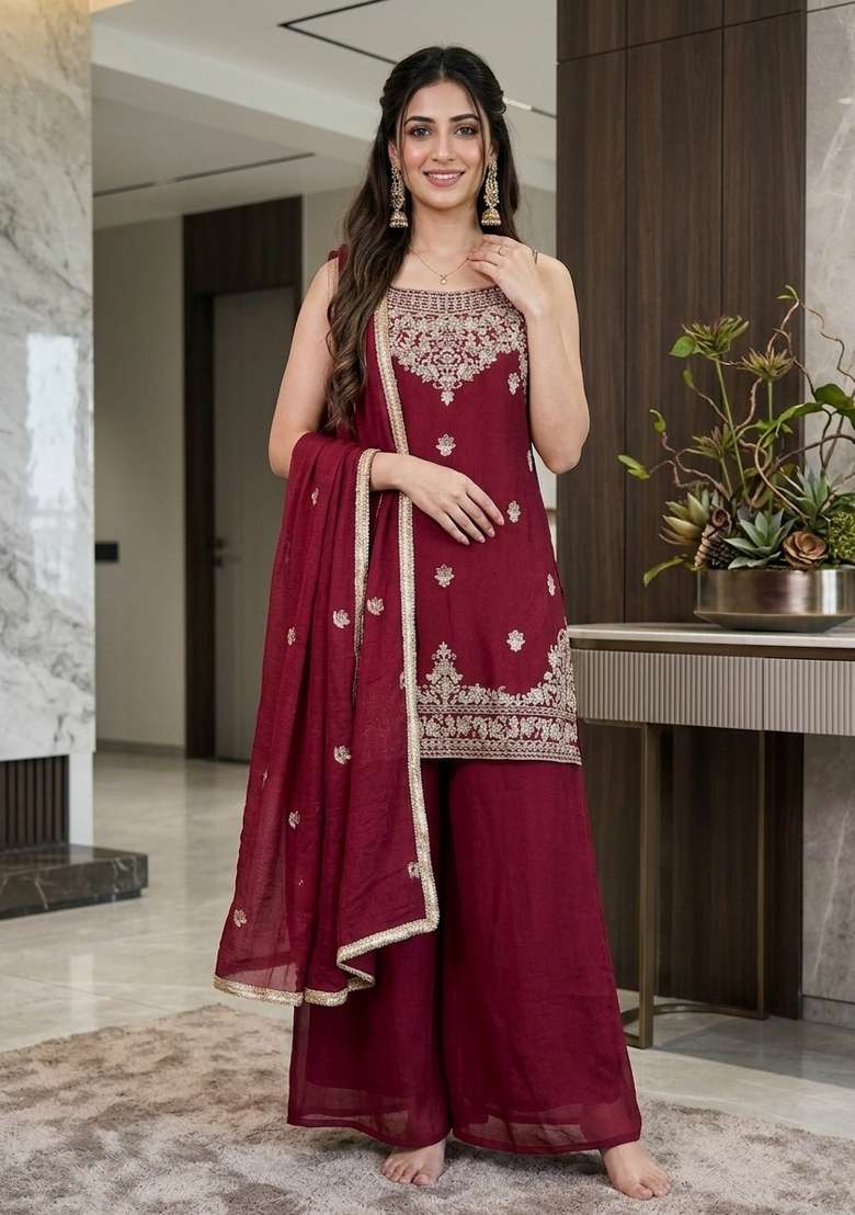Maroon Embroidered Rangoli Palazzo Set - Indya