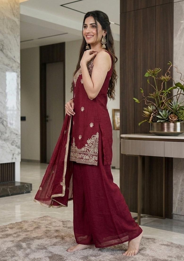 Maroon Embroidered Rangoli Palazzo Set - Indya